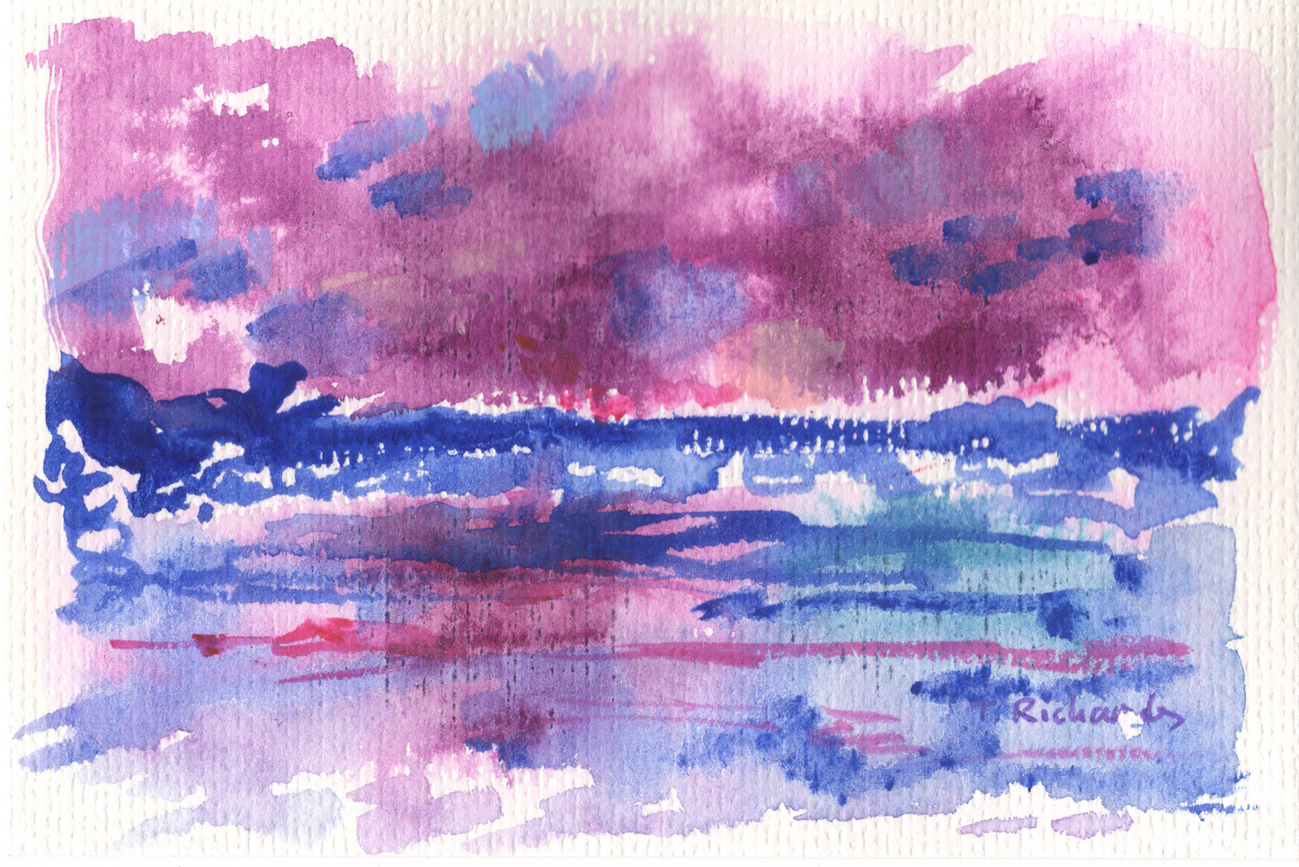 Purple Seascape Original Art, Ocean Painting, Abstract Artwork, Gouache on Paper 4x6"