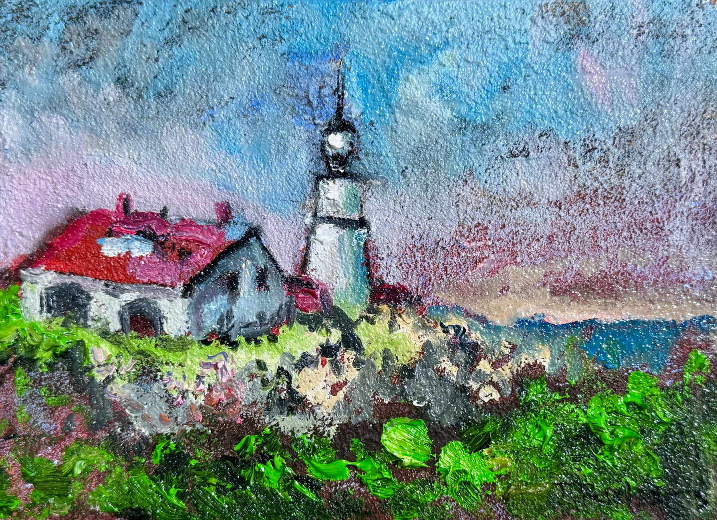 Original Oil Painting 5x7" – Portland Head Light Maine – Coastal Landscape Wall Art – Seascape on Canvas Home Decor Artwork