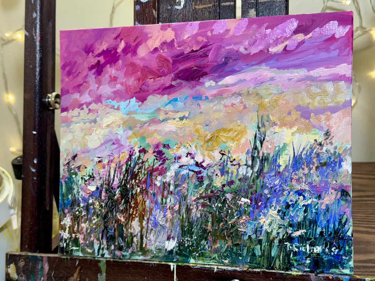 Purple Sunset Wildflower Field, 8x10" Original Art Oil Painting, Landscape Meadow