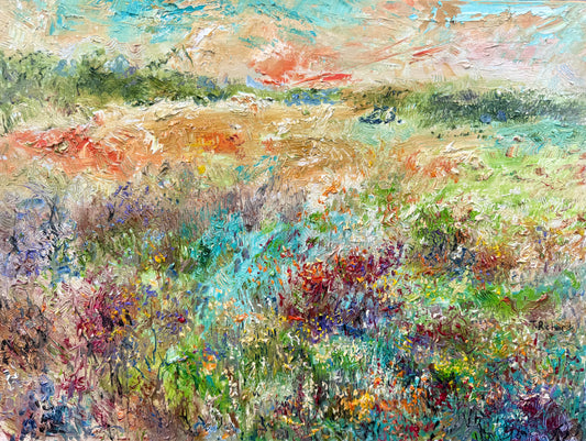 Original Oil Painting 18x24” Wildflower Landscape at Sunset – Floral Meadow and Forest Wall Art
