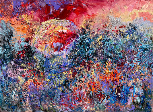 Original Oil Painting 9x12" – Blood Red Moon Gothic Night Forest – Pine Tree Wall Art Witchy Textured Expressionist Nature Artwork