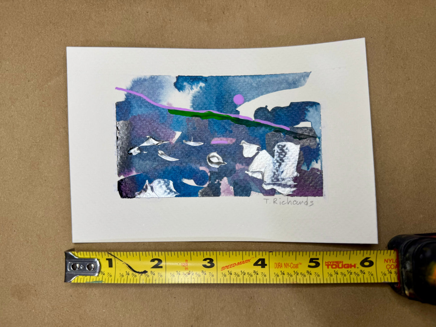 Blue Hour Abstract Painting Original Art Landscape, Acrylic on Paper 4x6”