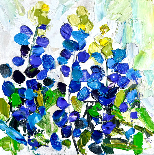 Original Oil Painting 6x6" – Three Lupines – Wildflower Floral Art – Blue Purple Flower Still Life – Nature Painting