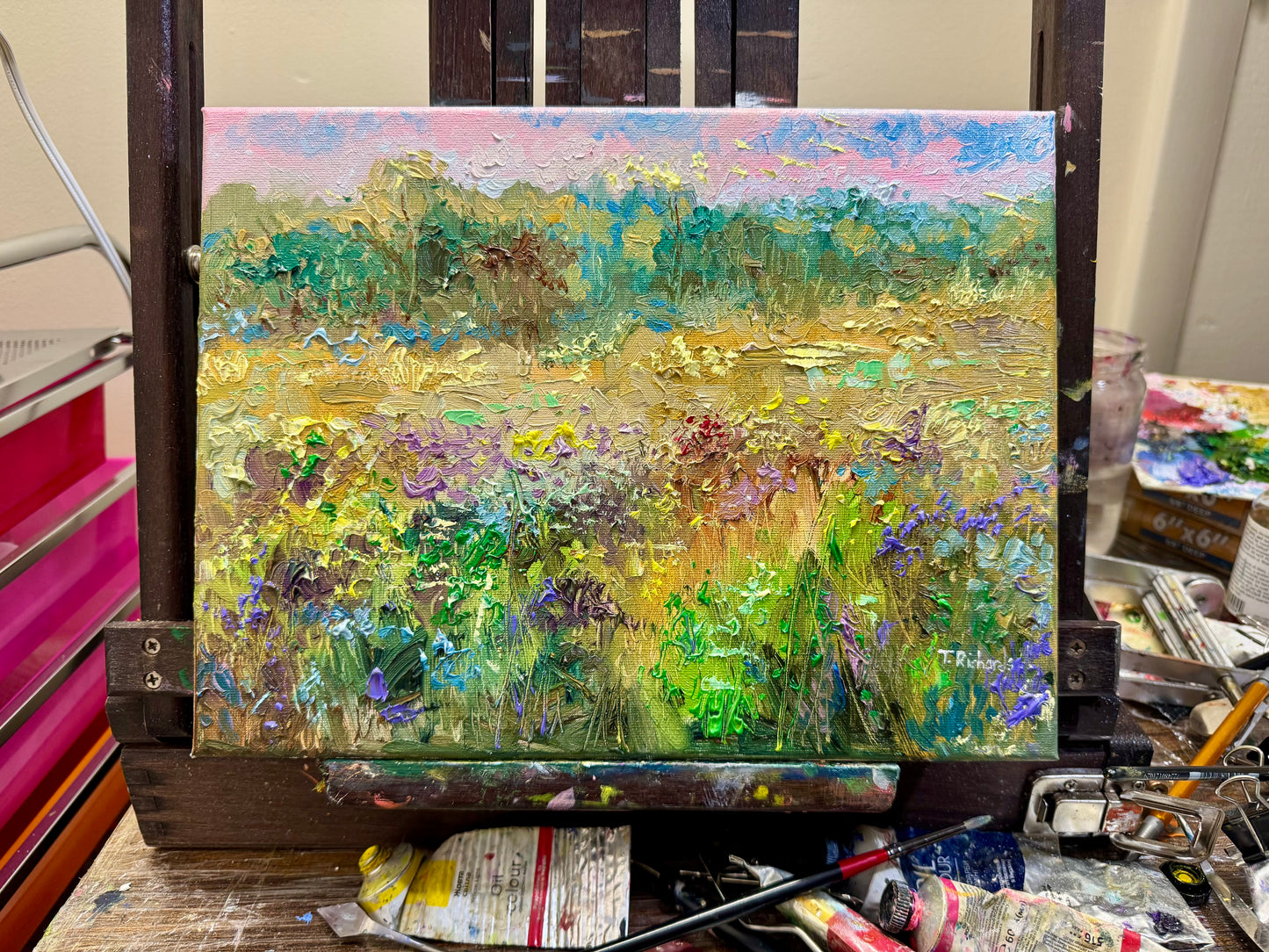 Forest Original Art 9x12" Wildflower Field Landscape, Oil Painting Sunrise Meadow Artwork, Handmade Wall Art Nature