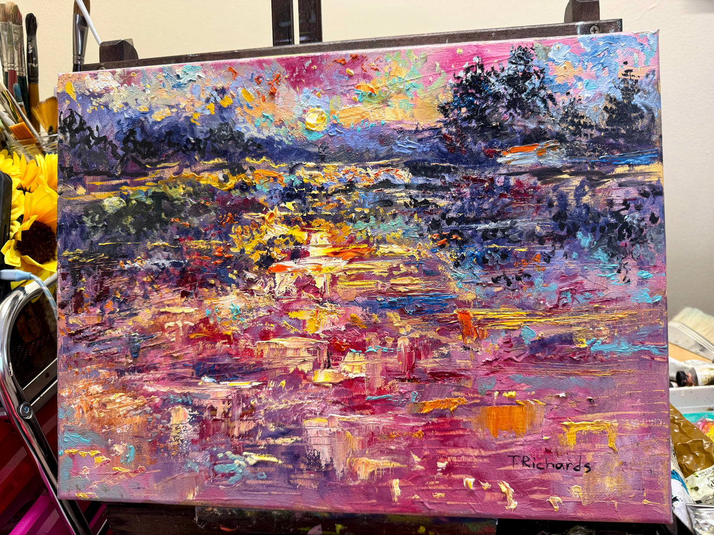 Red Sunset Original Art Oil Painting 12x16, Lake Seascape, Pine Tree Landscape Reflection Artwork