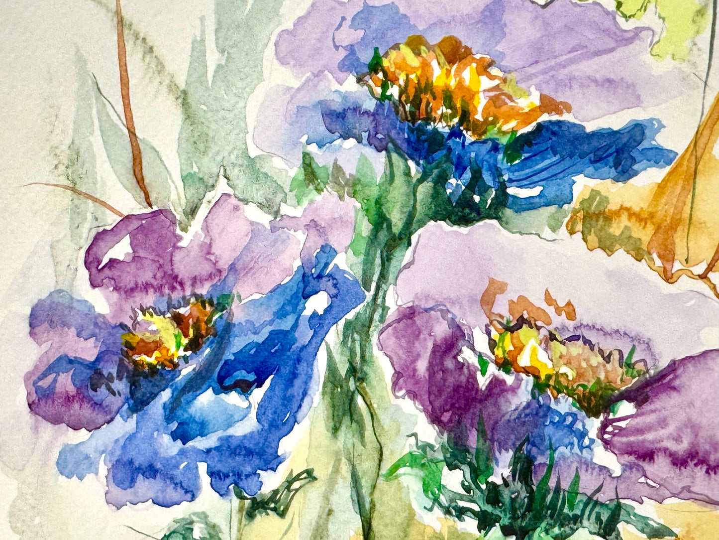 Purple Blue Peonies Watercolor Painting, Original Floral Art, Peony Flower 8x10"