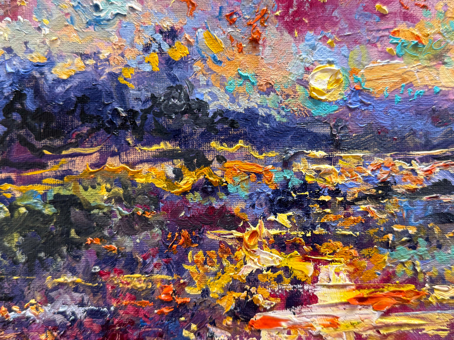 Red Sunset Original Art Oil Painting 12x16, Lake Seascape, Pine Tree Landscape Reflection Artwork