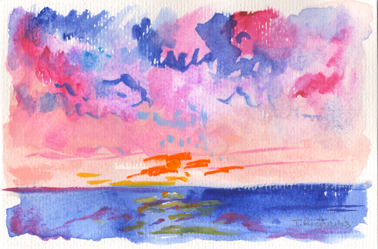 Ocean Sunrise Original Art, Seascape Painting, Abstract Artwork, Coastal Wall Art, Gouache on Paper 4x6"