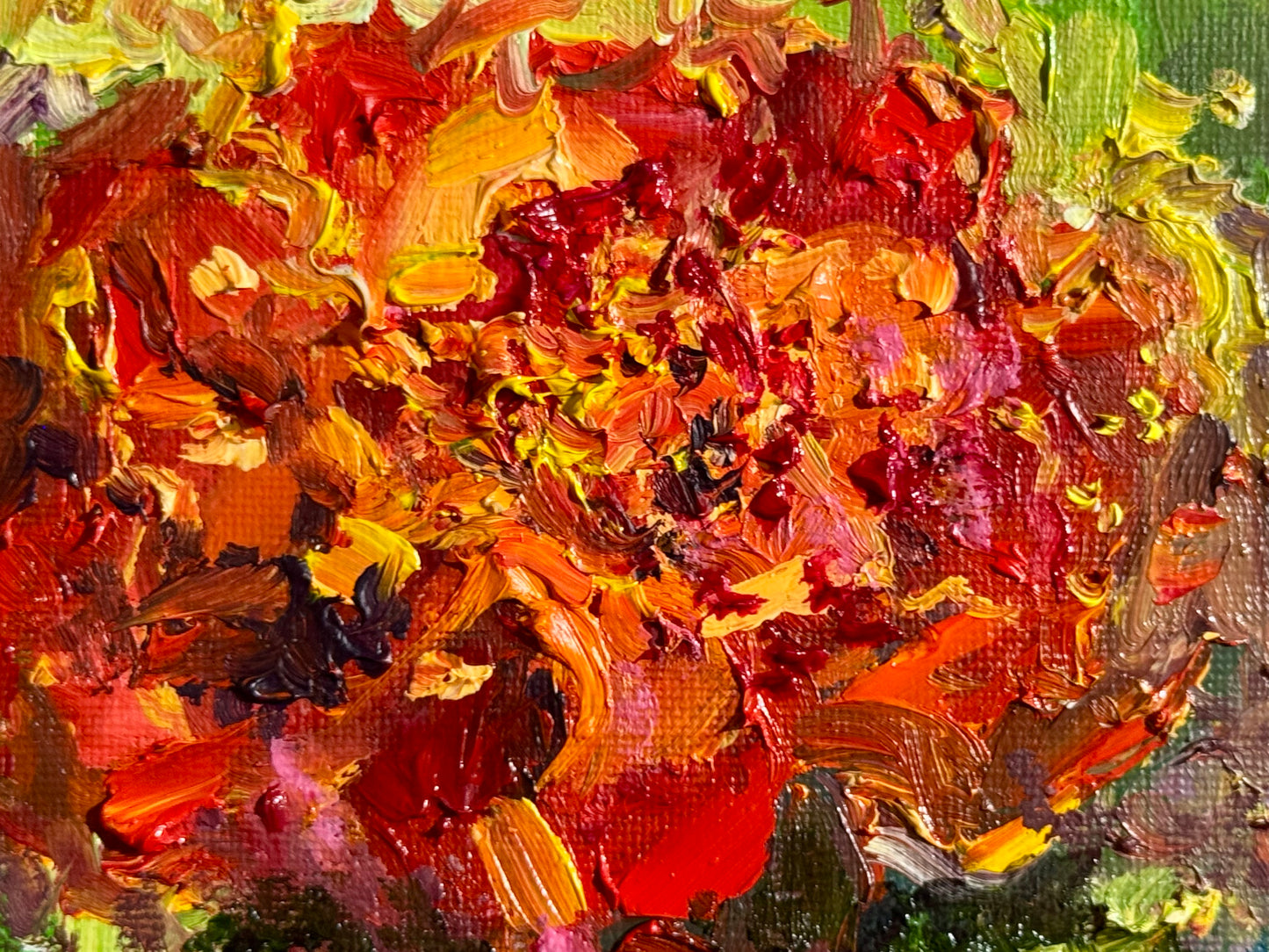 Red Marigolds Oil Painting 5x7, Original Art Floral Still Life on Panel, Red Flower Wall Art, Small Artwork Botanical Oil Decor