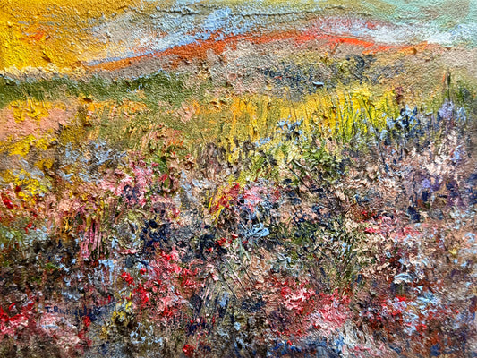 Wildflower Landscape Oil Painting, Sunset Sky 9x12, Abstract Summer Meadow Original Floral Art, Sky Textured Wall Decor