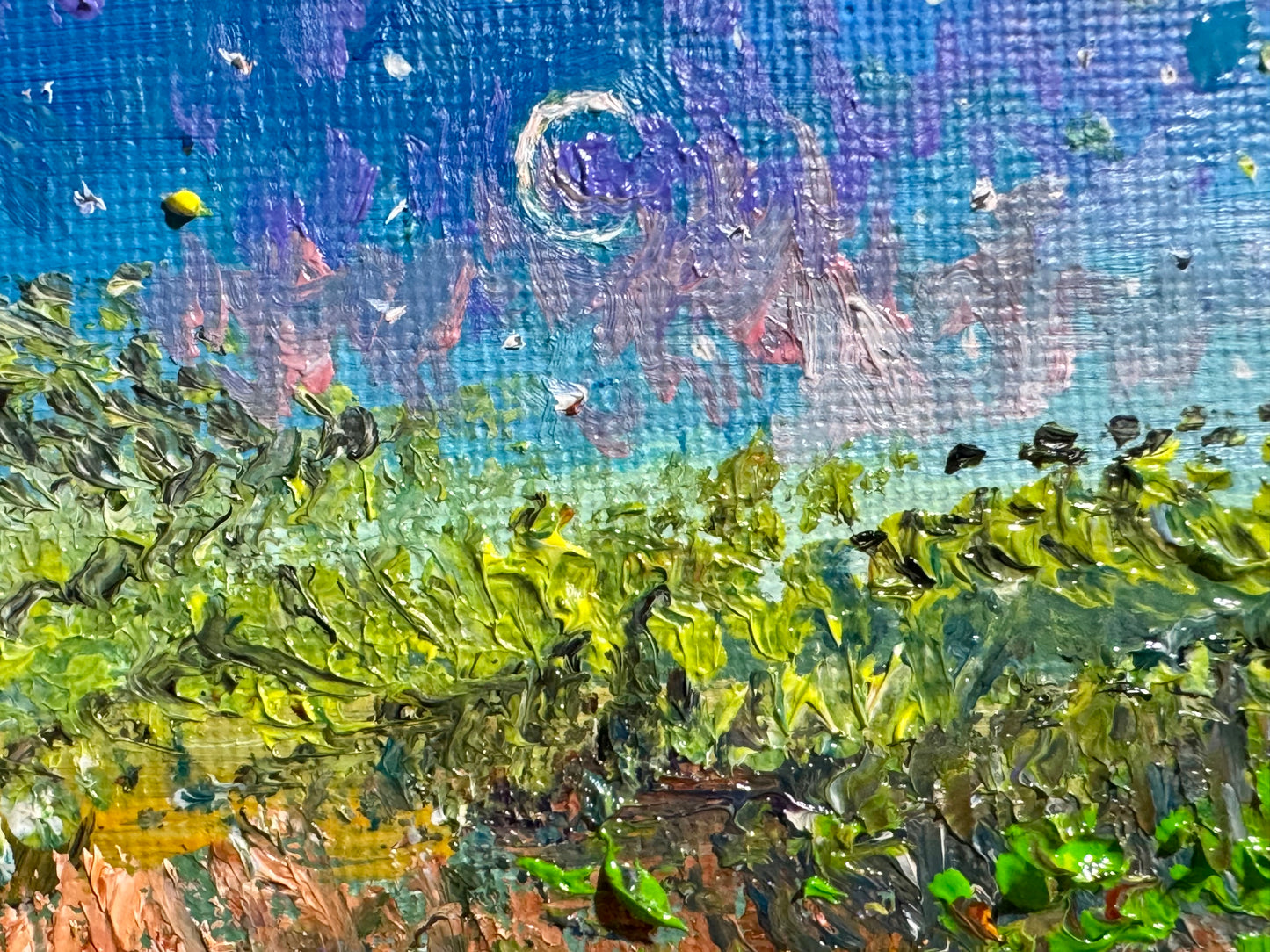 Starry Night Oil Painting, Original Art 6x6, Landscape Field Wildflower Sky Moon, Floral Sunset Wall Decor