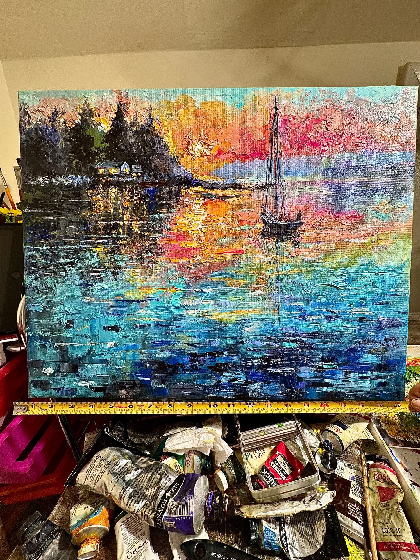 Sailboat oil painting 16x20 ORIGINAL art, Landscape Ocean Seascape Sunset Maine, Coastal Marine Nautical