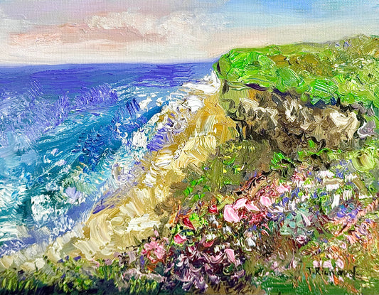 Original Oil Painting 8x10” – California Landscape Ocean Beach – Flower Meadow Field Canvas Panel Wall Art