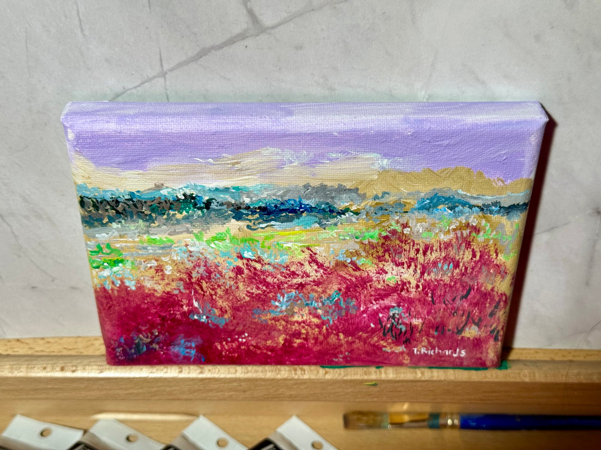 Blueberry Field Acrylic Painting 5x7", Maine Original Art, Landscape Wall Art