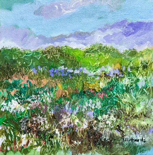 Meadow Oil Painting 6x6", Original Art Landscape, Mountain Field Artwork