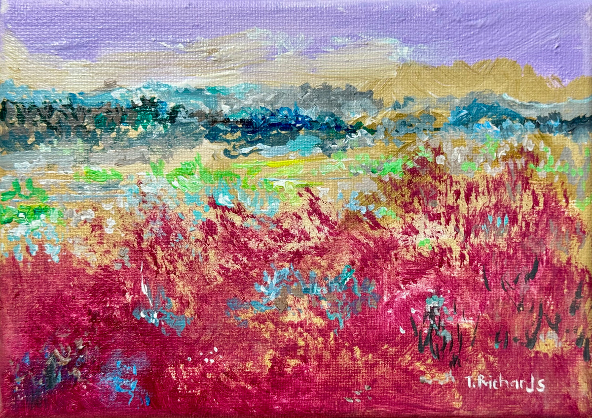 Blueberry Field Acrylic Painting 5x7", Maine Original Art, Landscape Wall Art