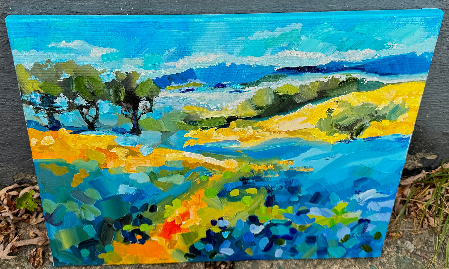 Flower Field Lupines Original Painting, Landscape Oil Artwork, Blue flowers, Forest Trail 16x20”