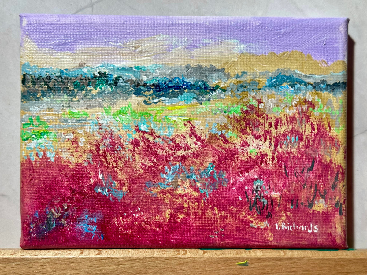 Blueberry Field Acrylic Painting 5x7", Maine Original Art, Landscape Wall Art