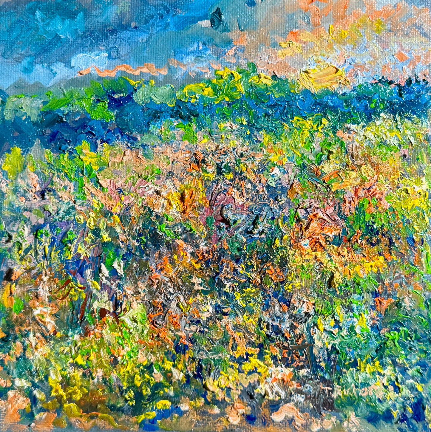 Wildflower Prairie Oil Painting 8x8, Original Art Landscape, Blue Forest Horizon Artwork, Floral Nature Wall Decor