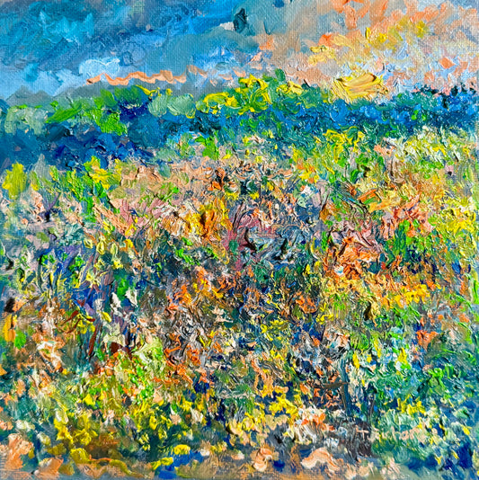 Wildflower Prairie Oil Painting 8x8, Original Art Landscape, Blue Forest Horizon Artwork, Floral Nature Wall Decor
