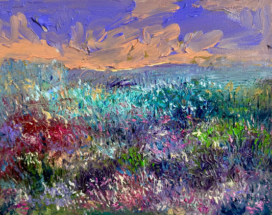 Original Oil Painting 8x10" – Wildflower Meadow Sunset – Pink Purple Sky – Landscape Wall Art – Floral Nature Scene – Signed Artwork