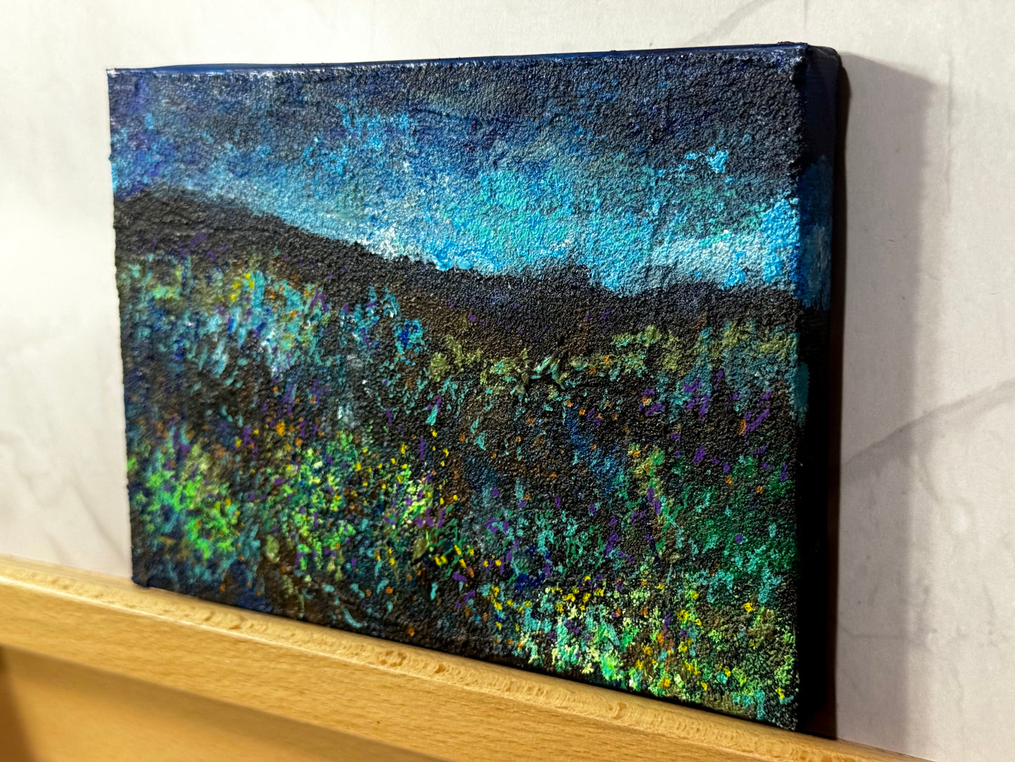 Blue Hour Acrylic Painting 5x7", Original Art Wildflower Night Field Prairie Landscape Wall Art
