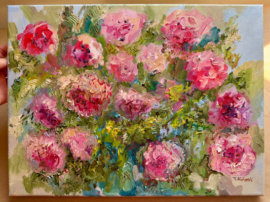 Pink Peony Bouquet Oil Painting 12x16, Original Art Floral Artwork, Flower Wall Art, Botanical Decor