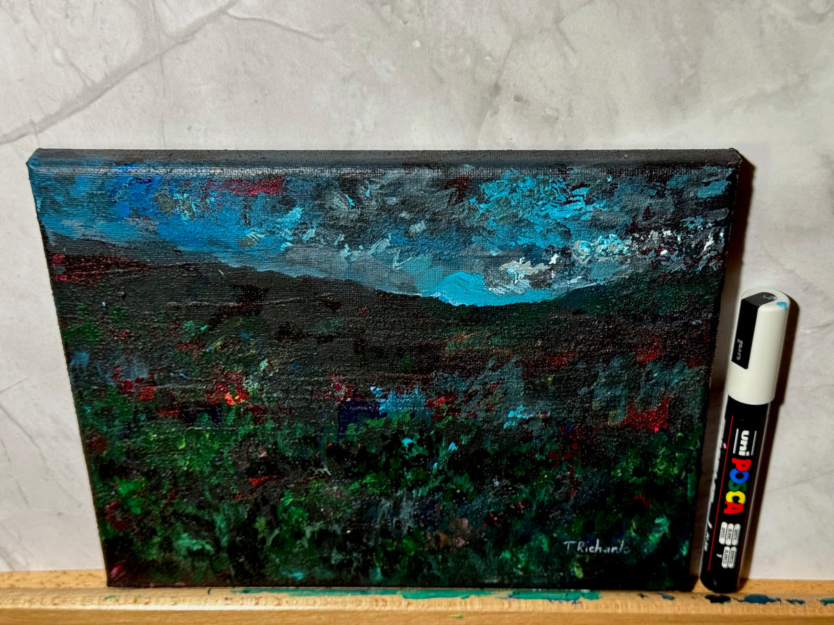 Blue Hour Acrylic Painting 8x10", Original Art Wildflower Night Field Landscape