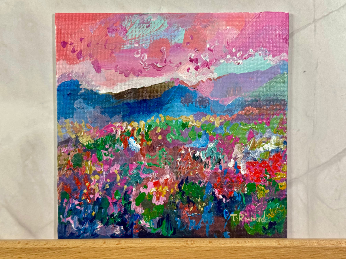 Blueberry Field Acrylic Painting 6x6", Maine Original Art, Landscape Artwork