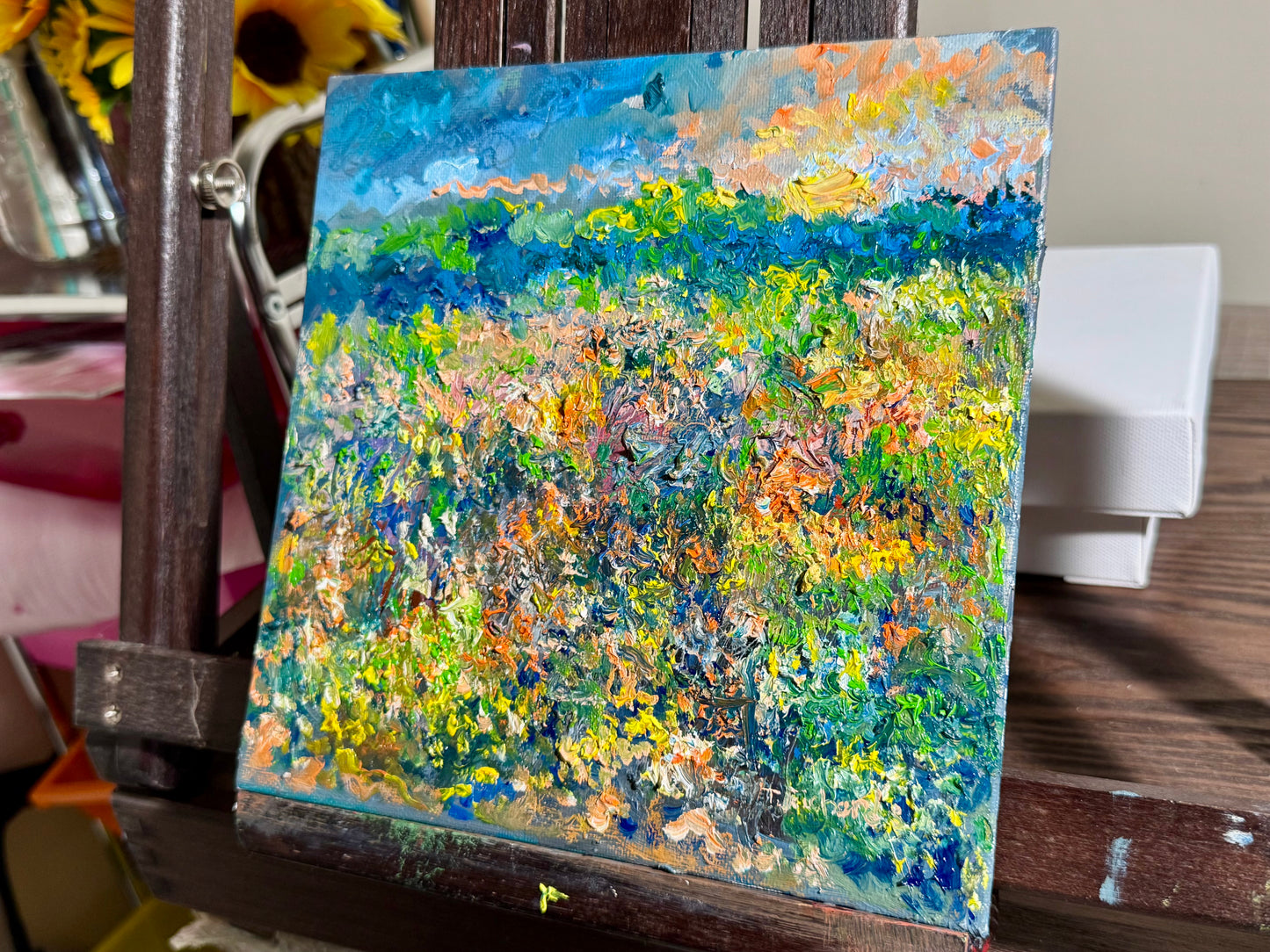 Wildflower Prairie Oil Painting 8x8, Original Art Landscape, Blue Forest Horizon Artwork, Floral Nature Wall Decor