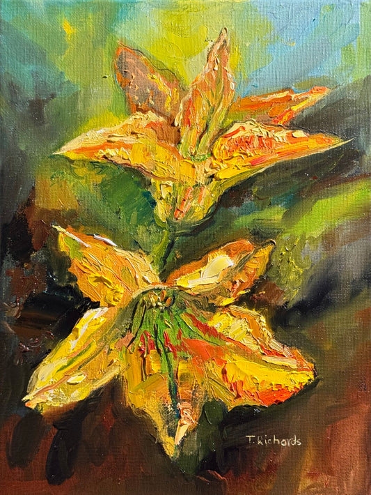 Zucchini Blossoms Oil Painting 9x12, Original Art Garden Still Life, Yellow Squash Flowers, Botanical Artwork on Canvas