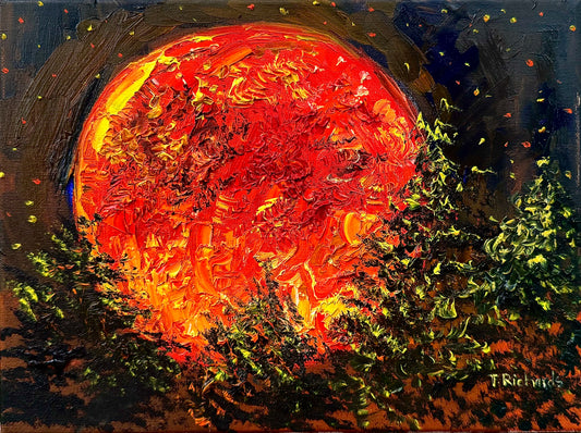 Original Oil Painting 9x12" – Red Moon Night Forest Landscape – Pine Trees Gothic Witchy Wall Art – Textured Dark Nature Artwork