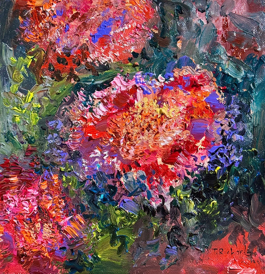 Red Marigolds Original Oil Painting 8x8", Floral Still Life Art, Bold Garden Flowers, Wall Decor Cottagecore Gift for Gardener