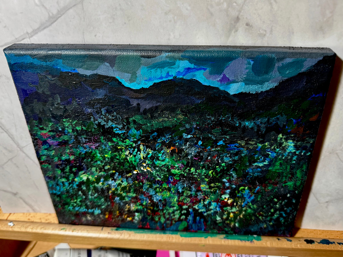 Blue Hour Acrylic Painting 8x10", Original Art Wildflower Night Field Landscape