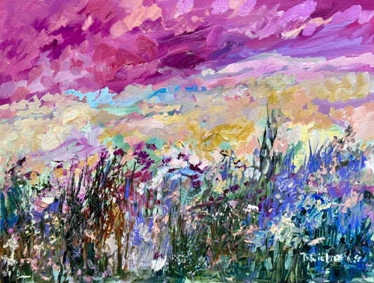 Purple Sunset Wildflower Field, 8x10" Original Art Oil Painting, Landscape Meadow