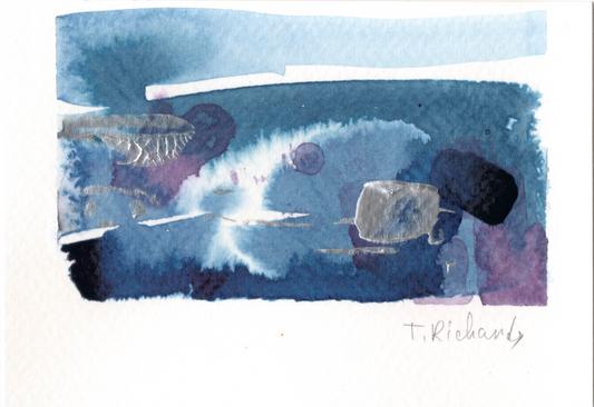 Blue Hour Painting Original Art, Night Abstract Landscape, Acrylic on Paper 3.5x5"