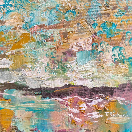 Original Oil Painting 6x6" – Sunrise Ocean Seascape – Ocher and Blue Coastal Art – Small Landscape on Canvas Panel – Sea Wall Decor