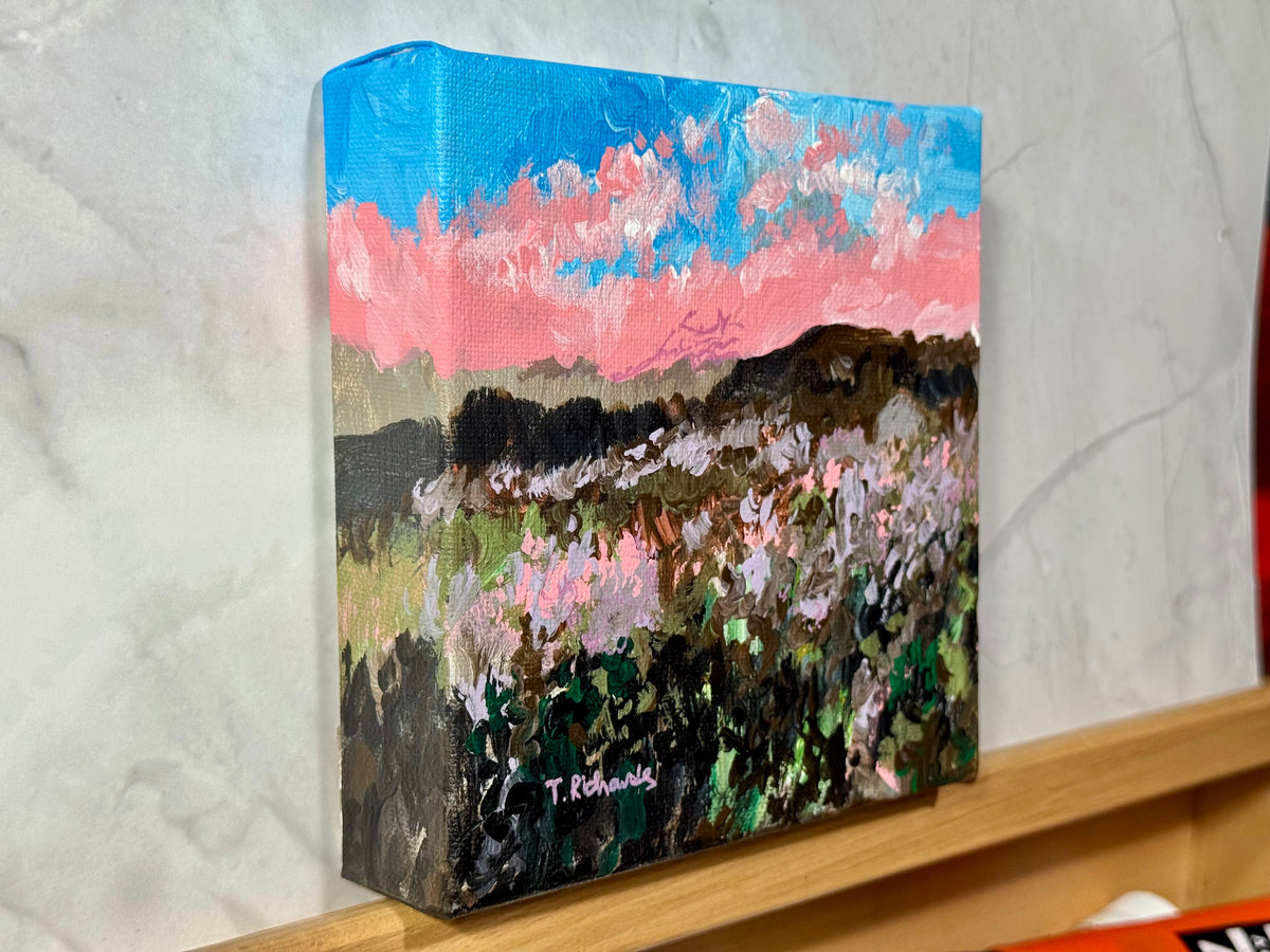 Pink Sunset Acrylic Painting 6x6, Original Art Landscape, Flower Field Wall Art, Meadow Artwork