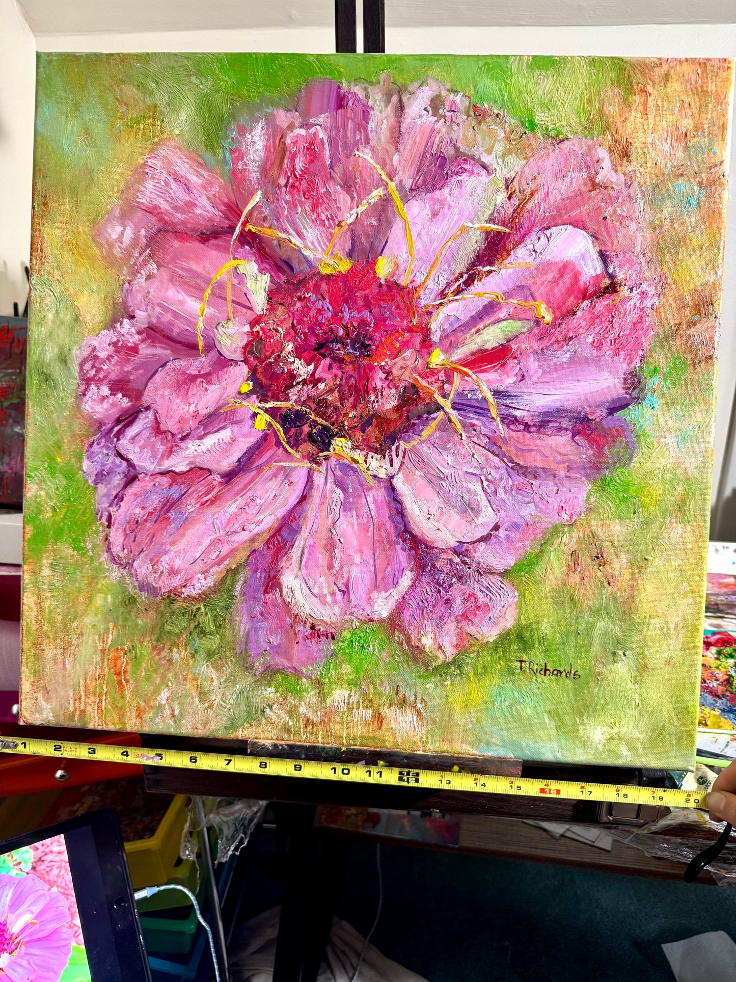 Pink Zinnia Oil Painting 20x20", Original Art Floral Wall Art, Large Flower Botanical Artwork