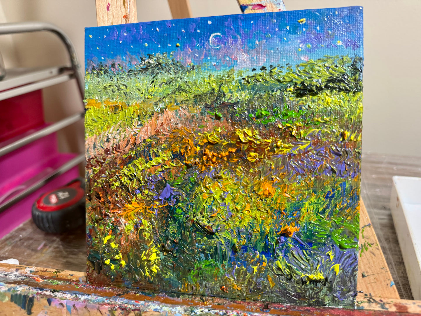 Starry Night Oil Painting, Original Art 6x6, Landscape Field Wildflower Sky Moon, Floral Sunset Wall Decor