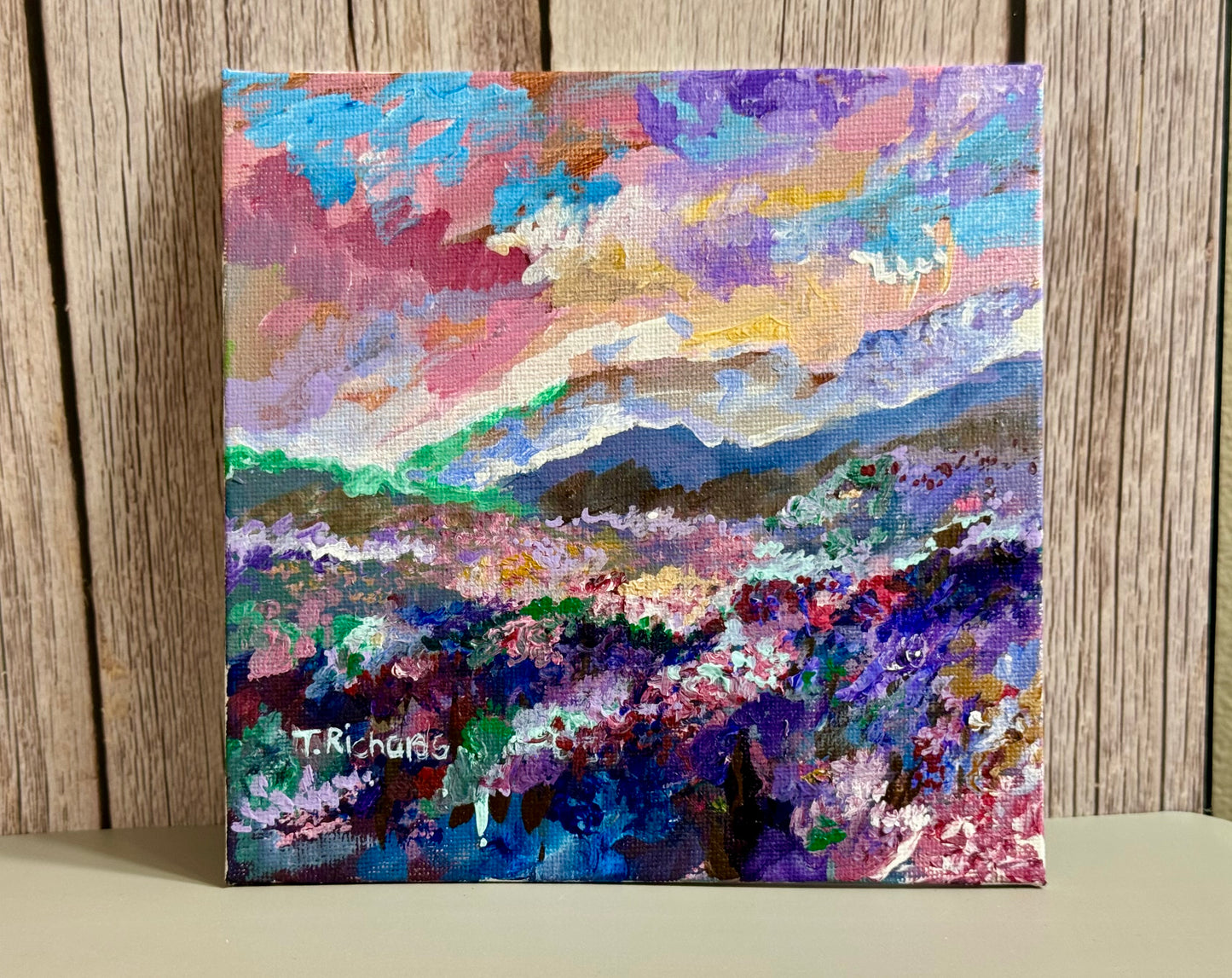 Meadow Acrylic Painting 6x6, Original Art Landscape, Sunset Field Nature Artwork