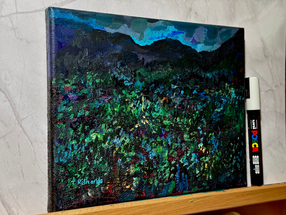 Blue Hour Acrylic Painting 8x10", Original Art Wildflower Night Field Landscape