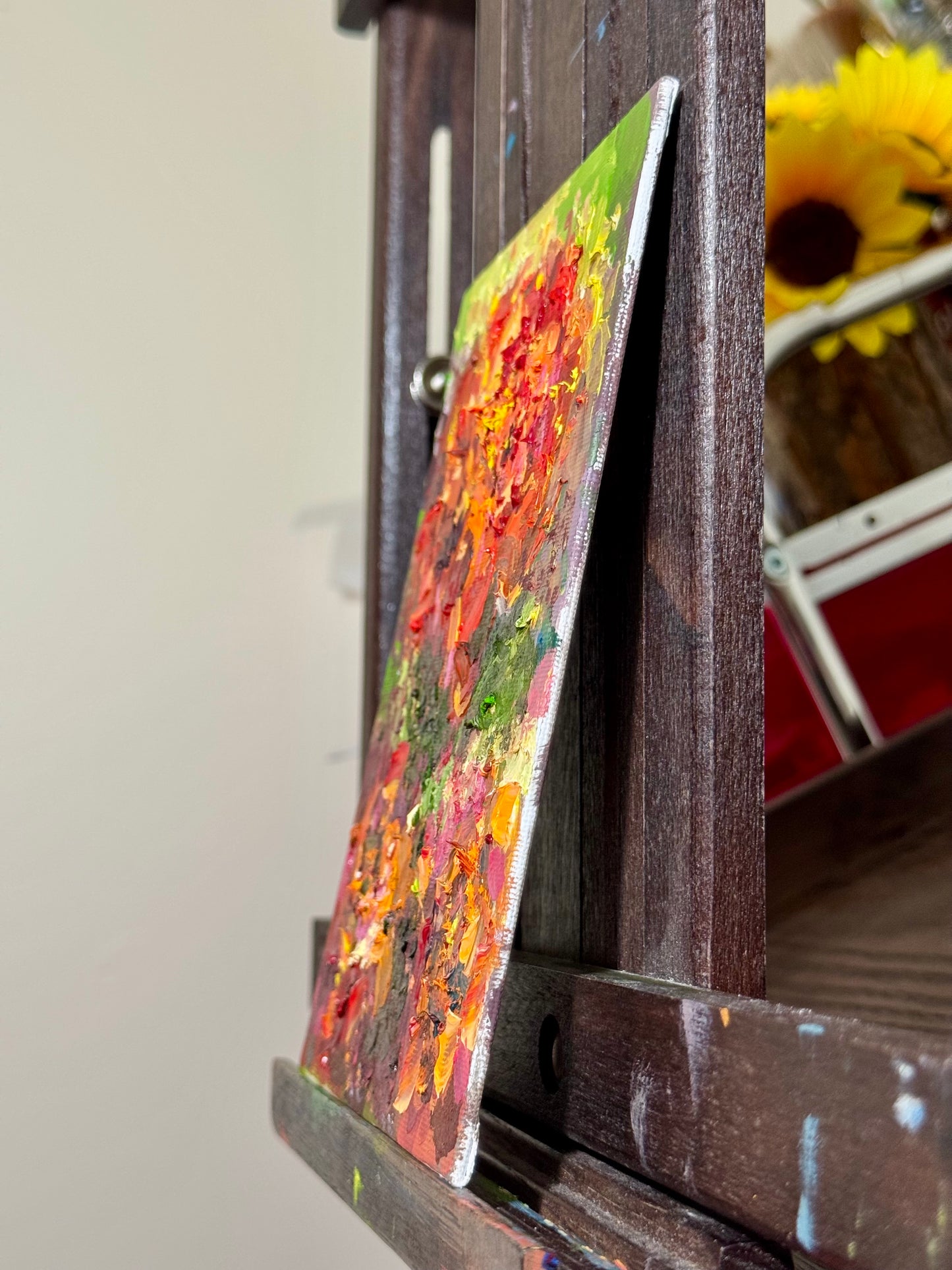 Red Marigolds Oil Painting 5x7, Original Art Floral Still Life on Panel, Red Flower Wall Art, Small Artwork Botanical Oil Decor