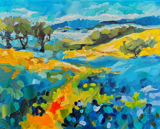 Flower Field Lupines Original Painting, Landscape Oil Artwork, Blue flowers, Forest Trail 16x20”