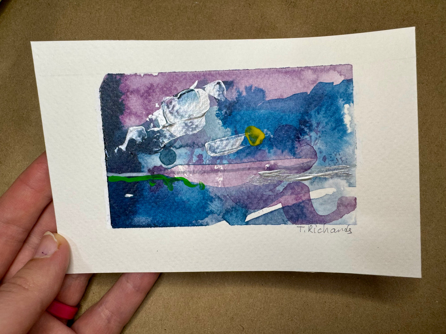 Blue Hour Abstract Painting Original Art Night Landscape, Acrylic on Paper 4x6”