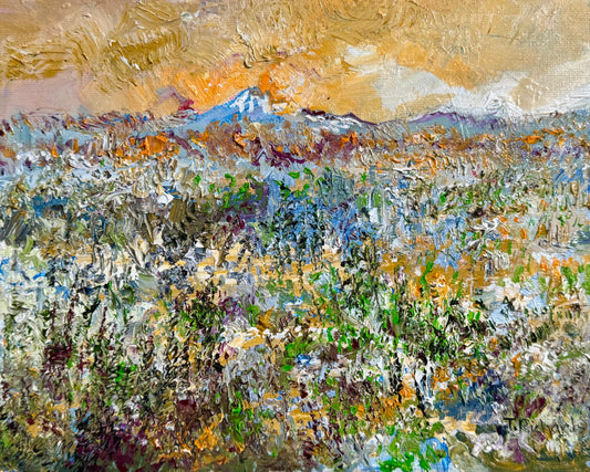 Original Oil Painting 8x10" – Wildflower Meadow Sunset – Mountain Landscape – Floral Nature Scene – Canvas Panel Wall Art