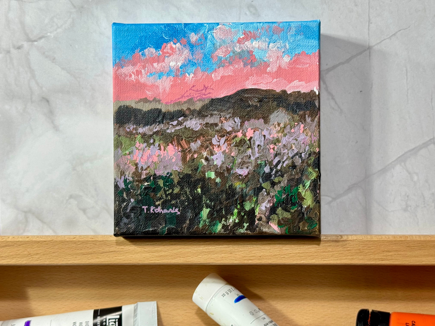 Pink Sunset Acrylic Painting 6x6, Original Art Landscape, Flower Field Wall Art, Meadow Artwork