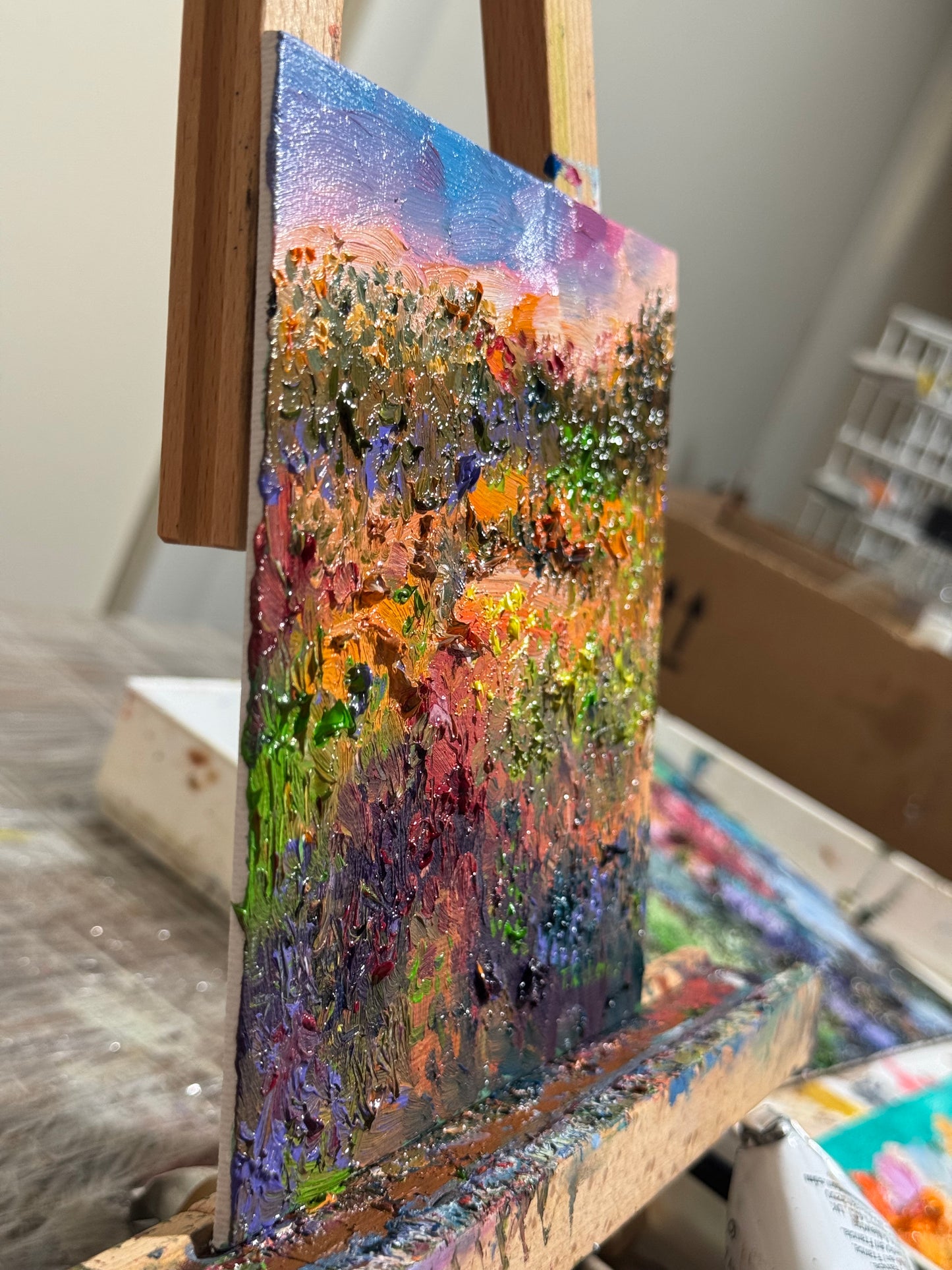 Sunset Forest Oil Painting, Original Art 6x6, Wildflower Field Landscape Panel, Moody Sky Wall Art, Small Nature Gift