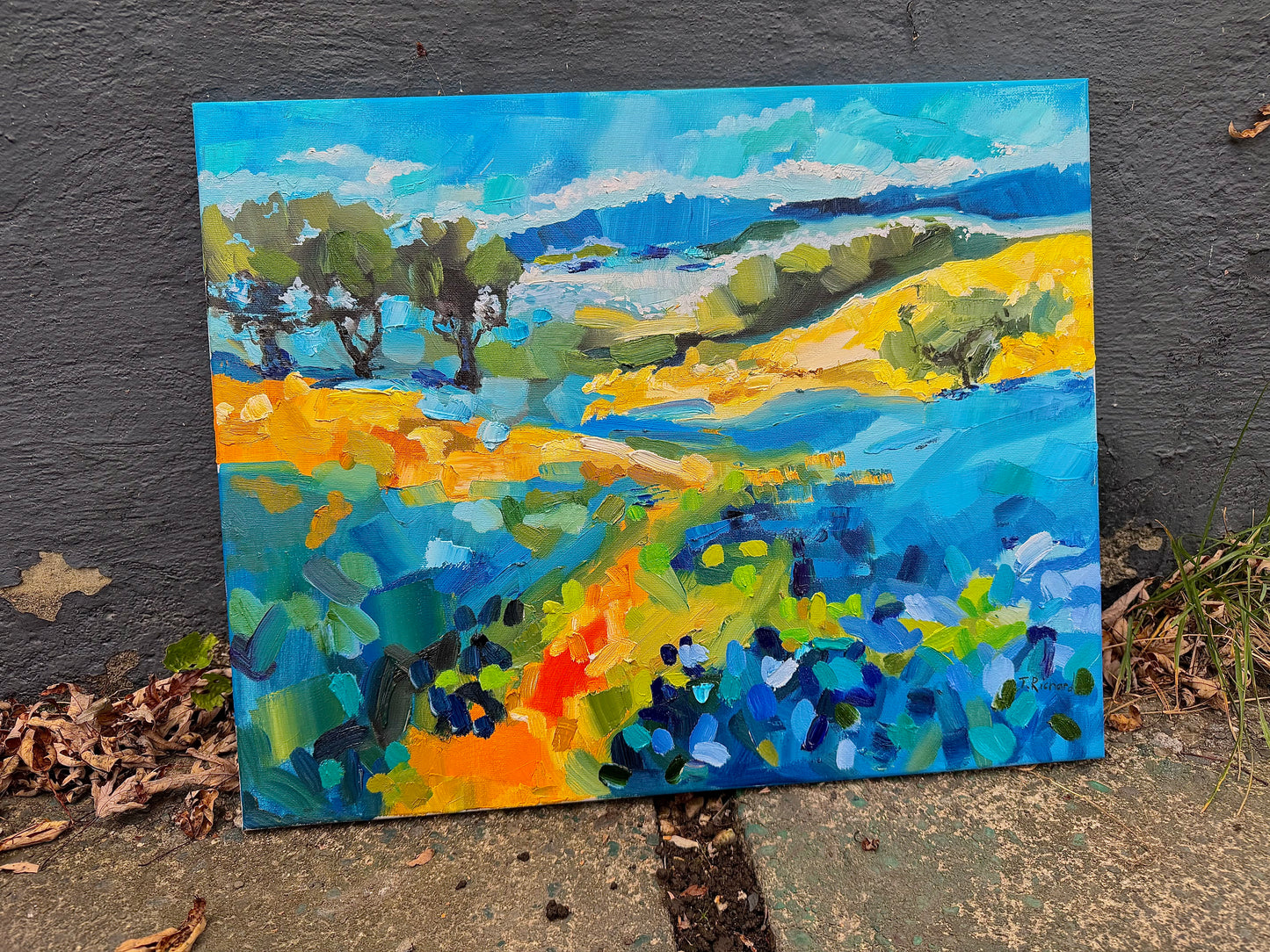 Flower Field Lupines Original Painting, Landscape Oil Artwork, Blue flowers, Forest Trail 16x20”