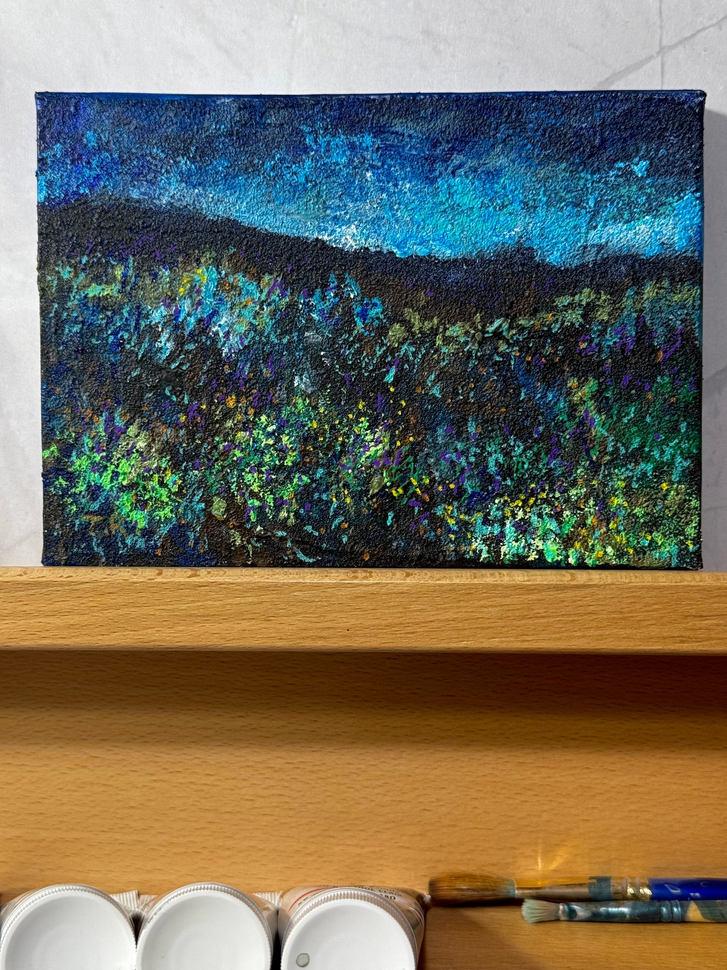 Blue Hour Acrylic Painting 5x7", Original Art Wildflower Night Field Prairie Landscape Wall Art